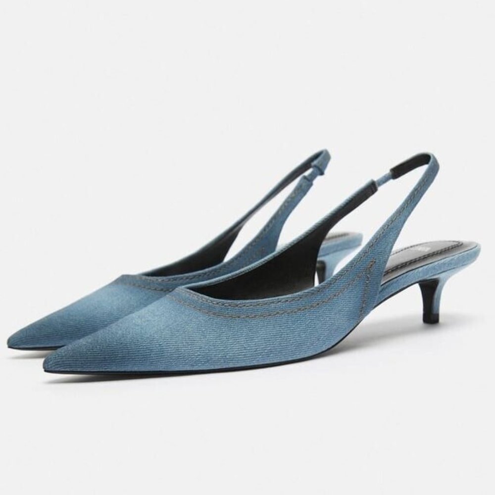 ZARA Denim Kitten Heeled Slingbacks Denim Blue